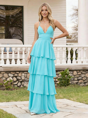 Spaghetti Straps Bridesmaid Dresses Chiffon Layered Maxi Dresses