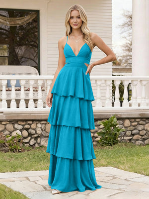 Spaghetti Straps Bridesmaid Dresses Chiffon Layered Maxi Dresses