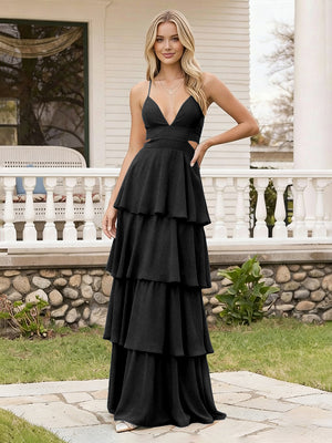Spaghetti Straps Bridesmaid Dresses Chiffon Layered Maxi Dresses