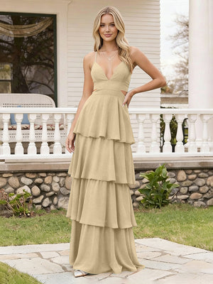 Spaghetti Straps Bridesmaid Dresses Chiffon Layered Maxi Dresses