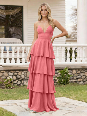Spaghetti Straps Bridesmaid Dresses Chiffon Layered Maxi Dresses