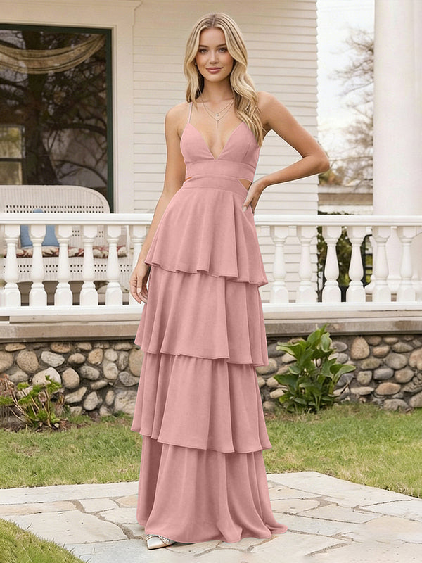 Spaghetti Straps Bridesmaid Dresses Chiffon Layered Maxi Dresses