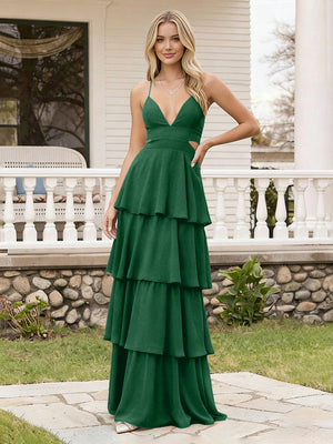 Spaghetti Straps Bridesmaid Dresses Chiffon Layered Maxi Dresses