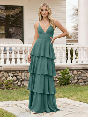 Spaghetti Straps Bridesmaid Dresses Chiffon Layered Maxi Dresses