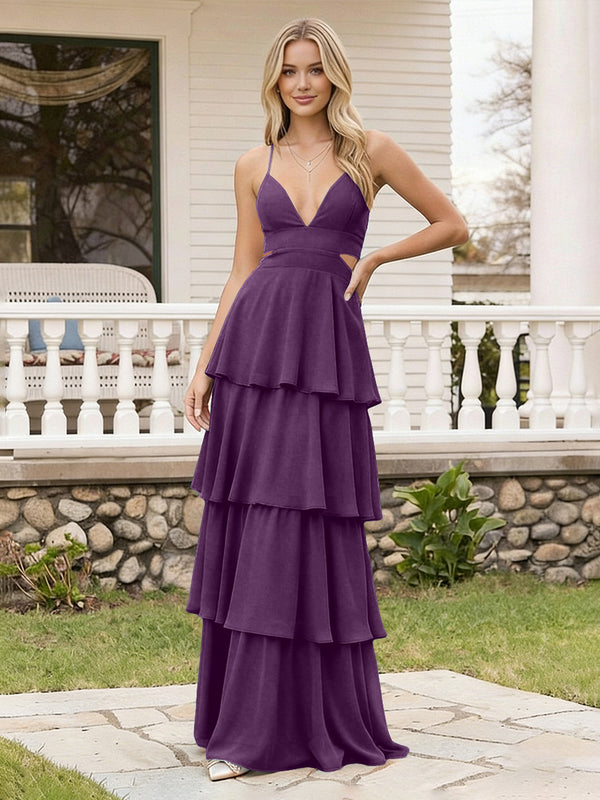 Spaghetti Straps Bridesmaid Dresses Chiffon Layered Maxi Dresses