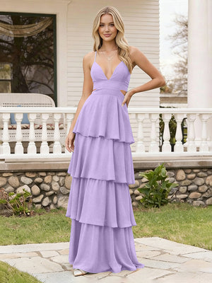 Spaghetti Straps Bridesmaid Dresses Chiffon Layered Maxi Dresses