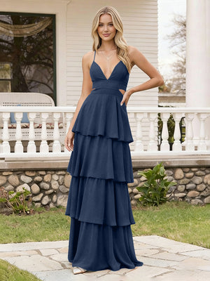 Spaghetti Straps Bridesmaid Dresses Chiffon Layered Maxi Dresses