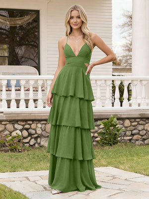 Spaghetti Straps Bridesmaid Dresses Chiffon Layered Maxi Dresses