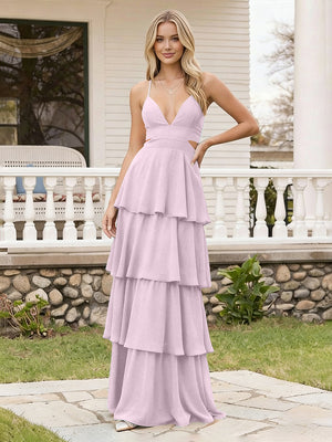 Spaghetti Straps Bridesmaid Dresses Chiffon Layered Maxi Dresses