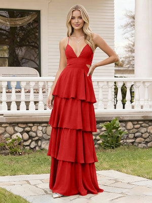 Spaghetti Straps Bridesmaid Dresses Chiffon Layered Maxi Dresses