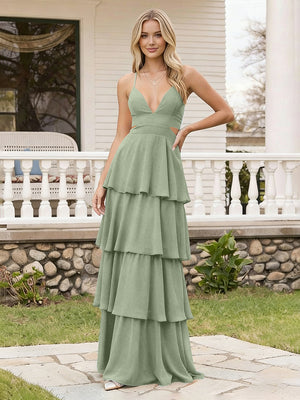 Spaghetti Straps Bridesmaid Dresses Chiffon Layered Maxi Dresses
