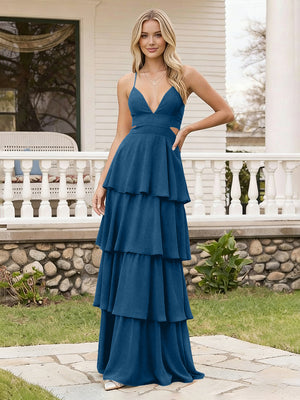 Spaghetti Straps Bridesmaid Dresses Chiffon Layered Maxi Dresses