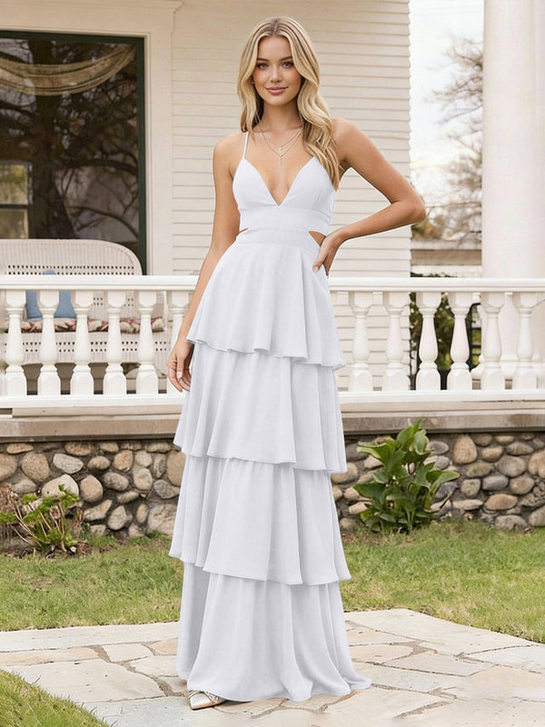 Spaghetti Straps Bridesmaid Dresses Chiffon Layered Maxi Dresses