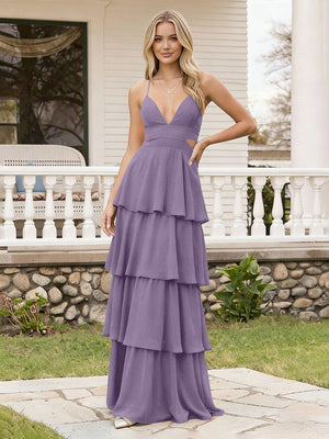 Spaghetti Straps Bridesmaid Dresses Chiffon Layered Maxi Dresses