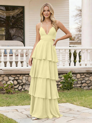 Spaghetti Straps Bridesmaid Dresses Chiffon Layered Maxi Dresses