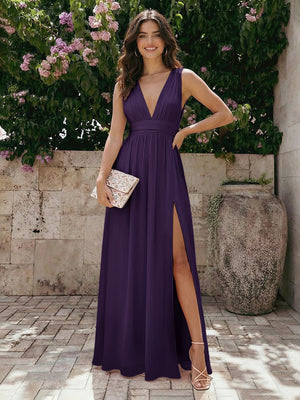 Sleeveless V Neck Bridesmaid Dresses Chiffon Maxi Dresses