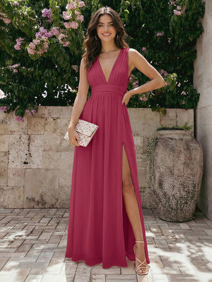 Sleeveless V Neck Bridesmaid Dresses Chiffon Maxi Dresses