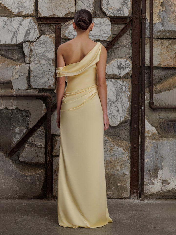 Asymmetric Neck Satin Sheath Formal Dresses