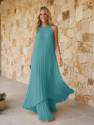Halter Pleated Chiffon Bridesmaid Dresses A Line Maxi Dresses