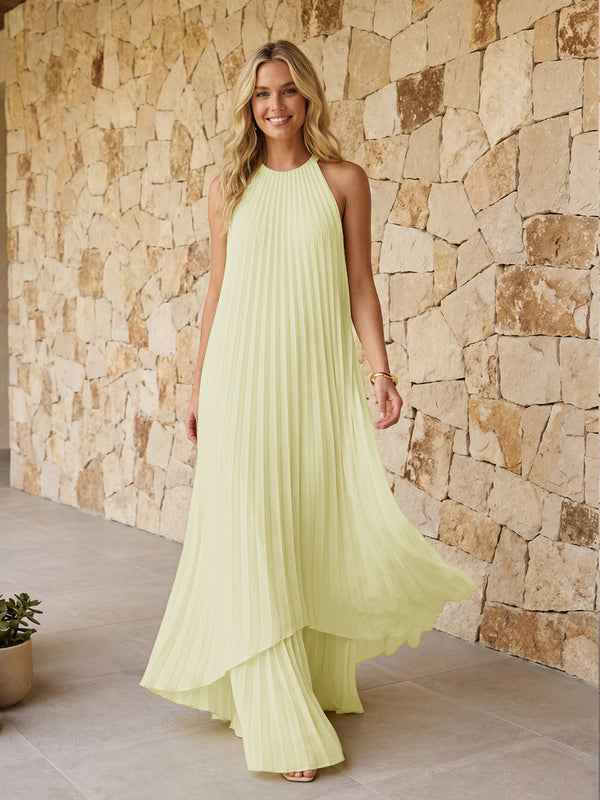 Halter Pleated Chiffon Bridesmaid Dresses A Line Maxi Dresses
