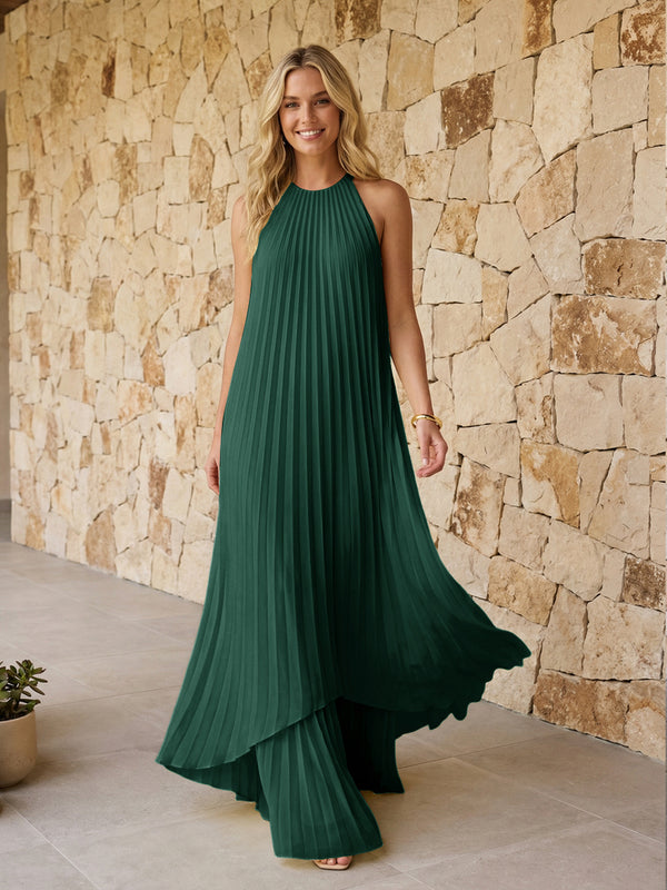 Halter Pleated Chiffon Bridesmaid Dresses A Line Maxi Dresses