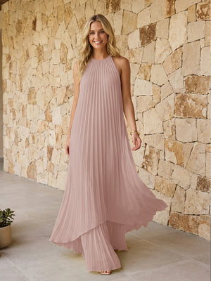 Halter Pleated Chiffon Bridesmaid Dresses A Line Maxi Dresses