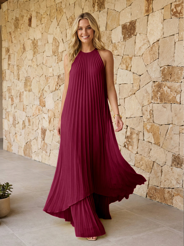 Halter Pleated Chiffon Bridesmaid Dresses A Line Maxi Dresses