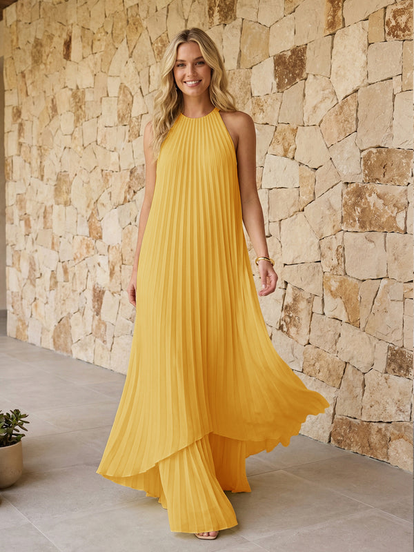 Halter Pleated Chiffon Bridesmaid Dresses A Line Maxi Dresses