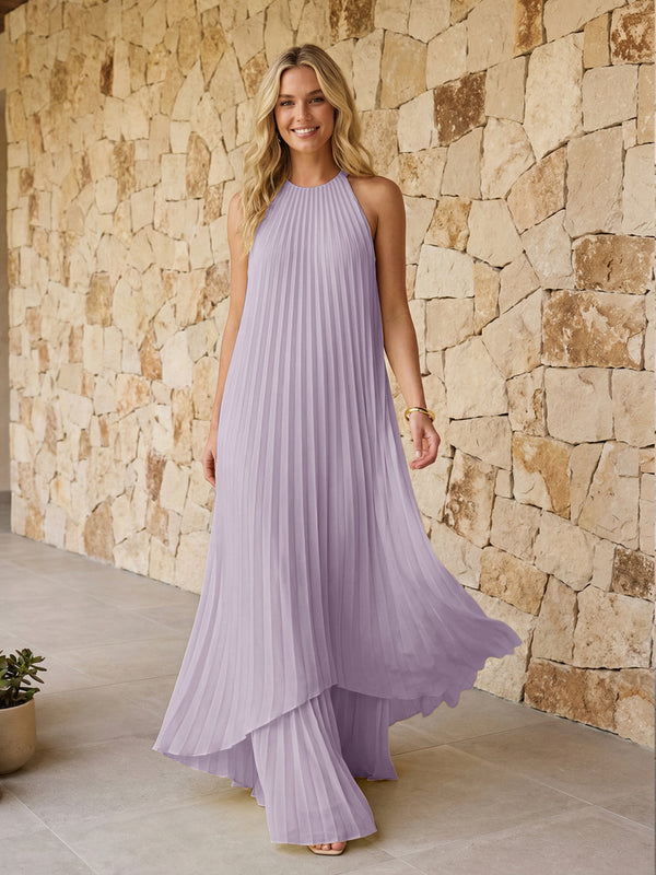Halter Pleated Chiffon Bridesmaid Dresses A Line Maxi Dresses