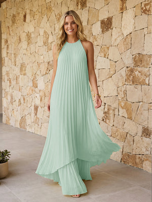 Halter Pleated Chiffon Bridesmaid Dresses A Line Maxi Dresses