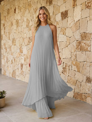 Halter Pleated Chiffon Bridesmaid Dresses A Line Maxi Dresses