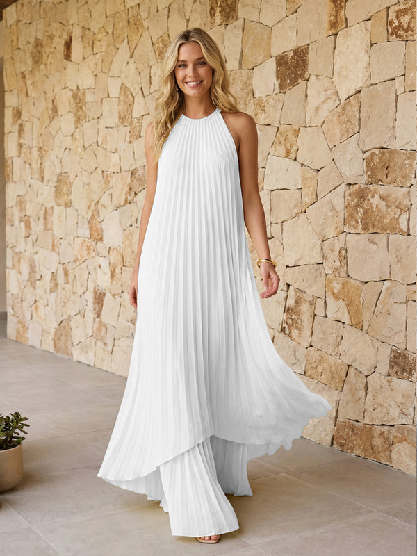 Halter Pleated Chiffon Bridesmaid Dresses A Line Maxi Dresses