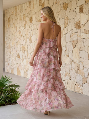 Halter Floral Chiffon Bridesmaid Dresses Layered