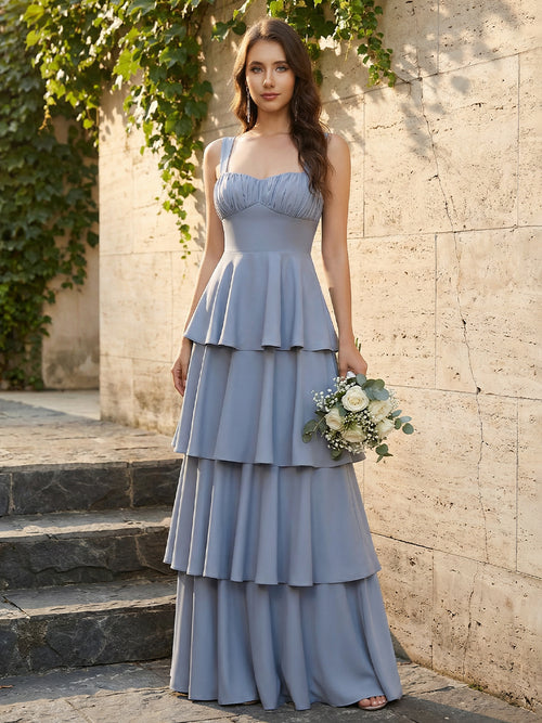 Sweetheart Lightweight Chiffon Blend Ruched Waist Tiered Ruffles Maxi Bridesmaid Dresses with Bow