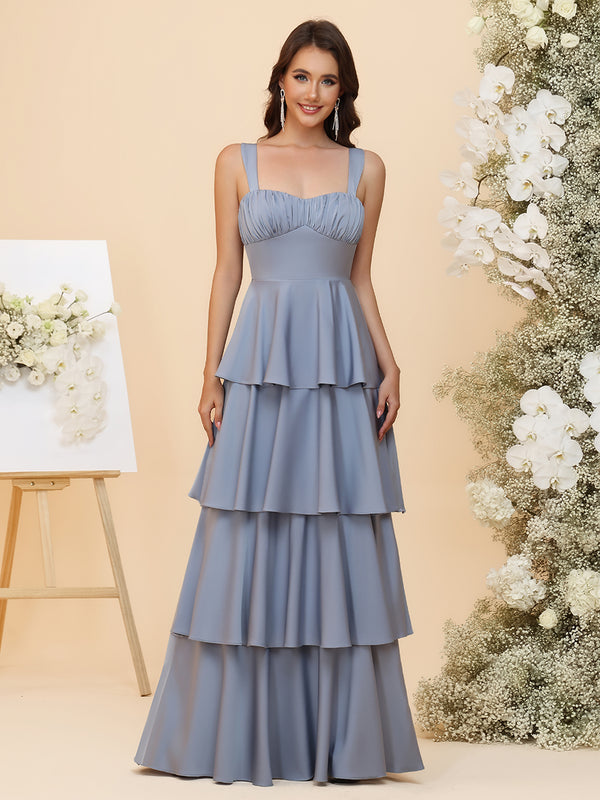 Sweetheart Lightweight Chiffon Blend Ruched Waist Tiered Ruffles Maxi Bridesmaid Dresses with Bow