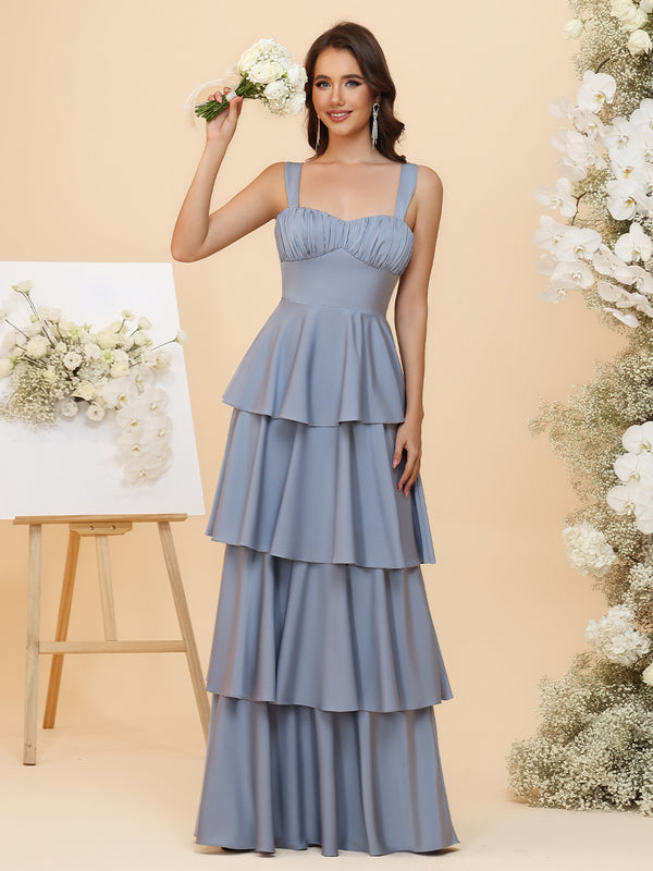 Sweetheart Lightweight Chiffon Blend Ruched Waist Tiered Ruffles Maxi Bridesmaid Dresses with Bow