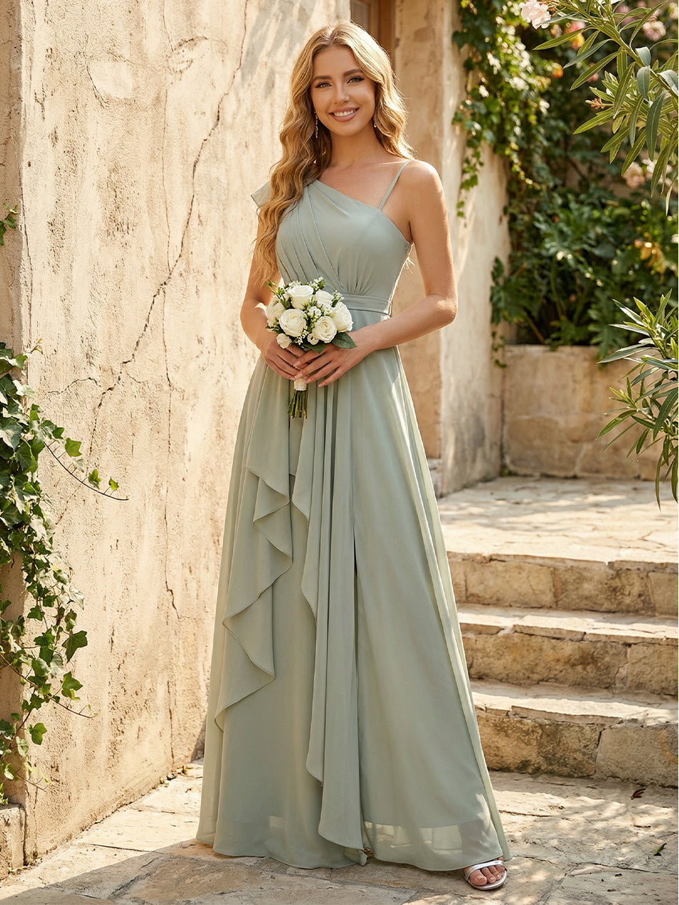 Lightweight Chiffon One Shoulder Ruched Waist Asymmetric Ruffles Maxi Bridesmaid Dresses with Slit