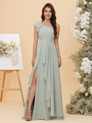 Lightweight Chiffon One Shoulder Ruched Waist Asymmetric Ruffles Maxi Bridesmaid Dresses with Slit