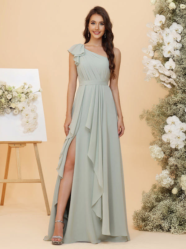 Lightweight Chiffon One Shoulder Ruched Waist Asymmetric Ruffles Maxi Bridesmaid Dresses with Slit