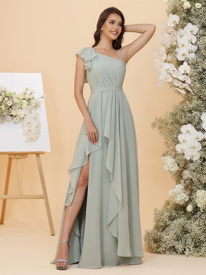 Lightweight Chiffon One Shoulder Ruched Waist Asymmetric Ruffles Maxi Bridesmaid Dresses with Slit
