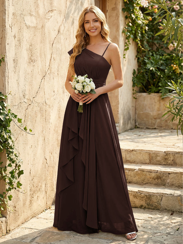 Lightweight Chiffon One Shoulder Ruched Waist Asymmetric Ruffles Maxi Bridesmaid Dresses with Slit