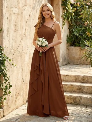 Lightweight Chiffon One Shoulder Ruched Waist Asymmetric Ruffles Maxi Bridesmaid Dresses with Slit