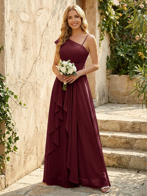 Lightweight Chiffon One Shoulder Ruched Waist Asymmetric Ruffles Maxi Bridesmaid Dresses with Slit