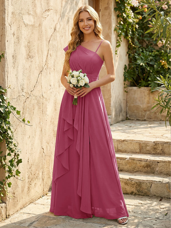 Lightweight Chiffon One Shoulder Ruched Waist Asymmetric Ruffles Maxi Bridesmaid Dresses with Slit