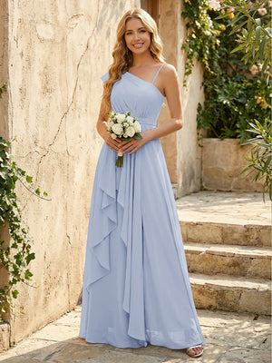 Lightweight Chiffon One Shoulder Ruched Waist Asymmetric Ruffles Maxi Bridesmaid Dresses with Slit
