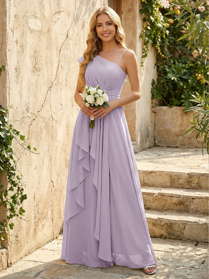 Lightweight Chiffon One Shoulder Ruched Waist Asymmetric Ruffles Maxi Bridesmaid Dresses with Slit