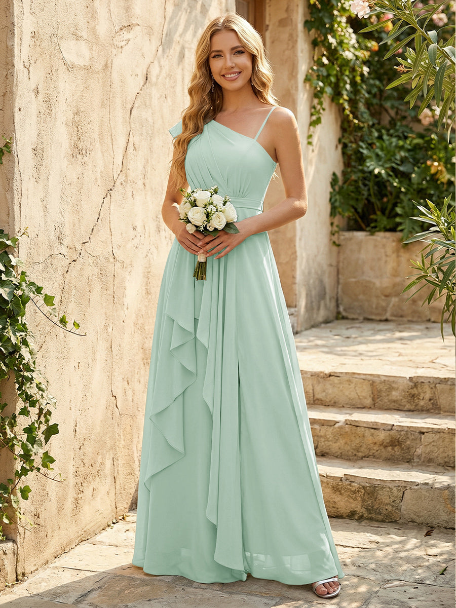 Lightweight Chiffon One Shoulder Ruched Waist Asymmetric Ruffles Maxi Bridesmaid Dresses with Slit