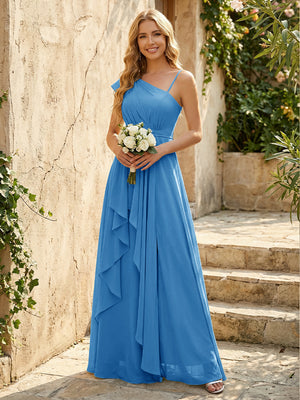 Lightweight Chiffon One Shoulder Ruched Waist Asymmetric Ruffles Maxi Bridesmaid Dresses with Slit