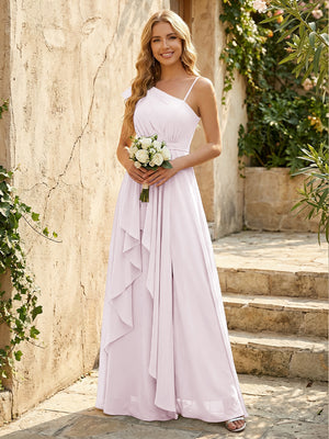 Lightweight Chiffon One Shoulder Ruched Waist Asymmetric Ruffles Maxi Bridesmaid Dresses with Slit