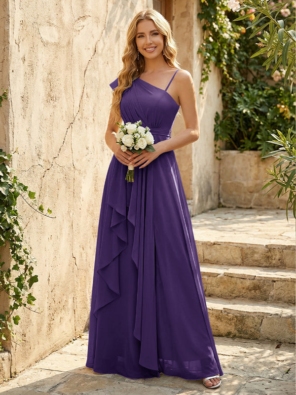 Lightweight Chiffon One Shoulder Ruched Waist Asymmetric Ruffles Maxi Bridesmaid Dresses with Slit